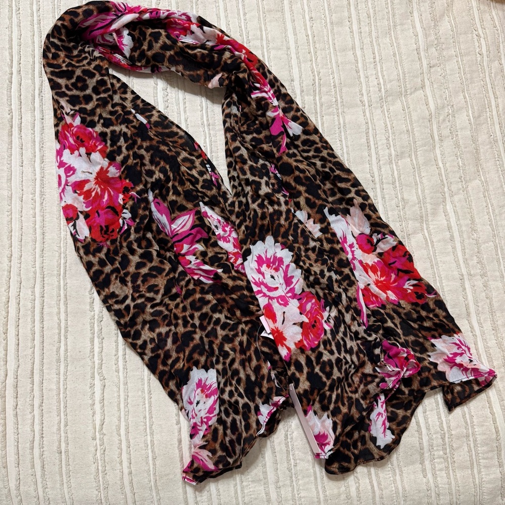 NWT Victoria's Secret Brown Leopard Scarf with Pink Floral Print